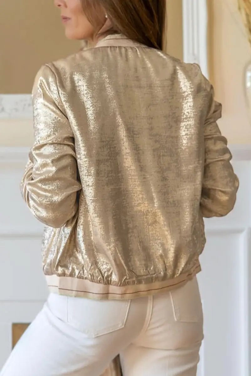 Pale Khaki Metallic Zip up Baseball Jacket - Love Salve